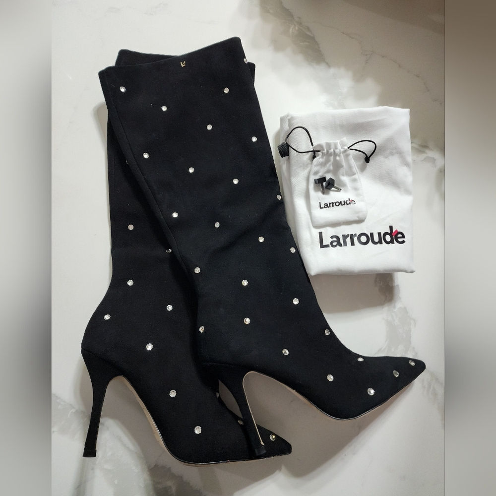 Larroude Crystal Embellished Pointed Toe Knee High Boot (Women) Size 7